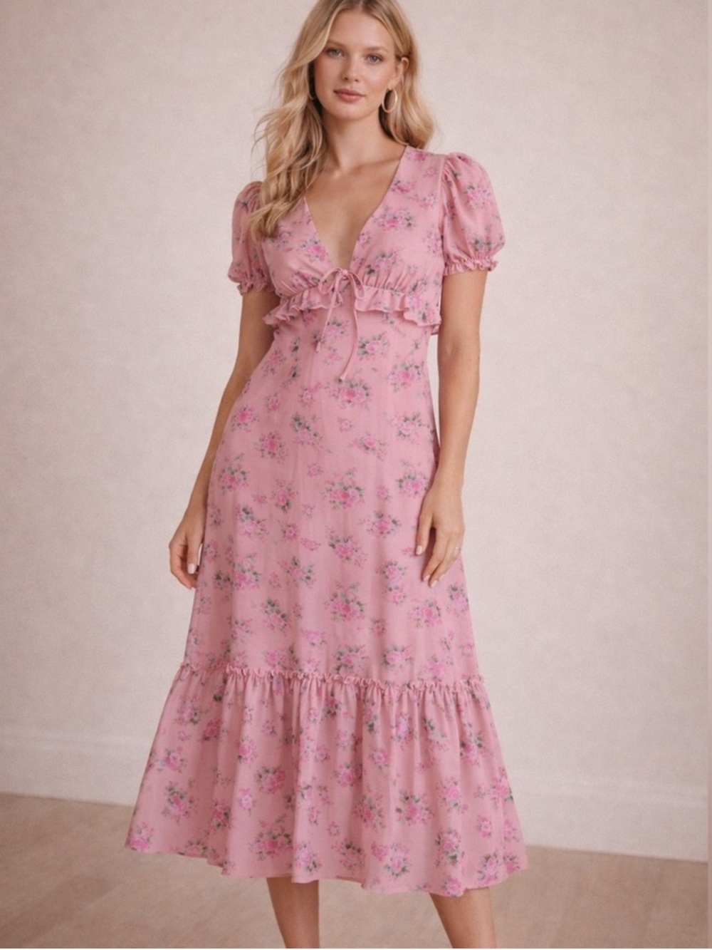 Romantic Pink Floral Midi Dress with Tie-Front